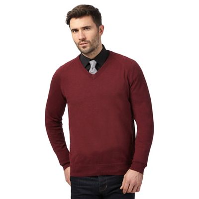 Big and tall dark red v neck jumper with wool